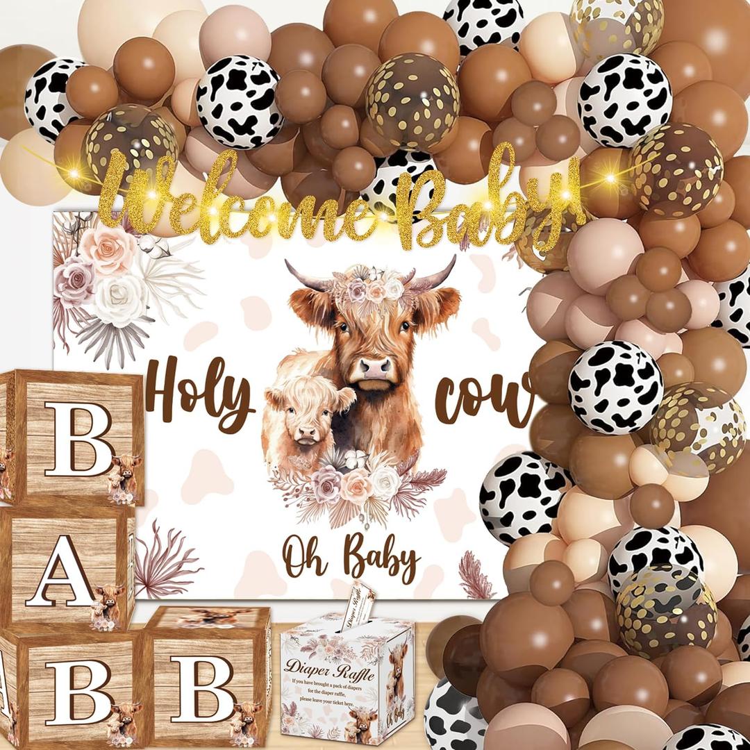 cocomigo 161pcs Brown Cow Baby Shower Decorations, Brown Cow Gender Reveal Decorations Include Backdrop Banner Ballon Box and Diaper Raffle Box, for Cow Themed Birthday Party Baby Shower Supplies