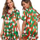 ASTANFY Silk Satin Pajama Set Womens Silk Satin 2 Piece Pjs Shorts Sleepwear Christmas Button Down Shirt Bride Pj Lounge Sets (M)