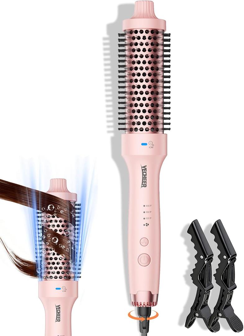 Thermal Brush for Blowout Look, 1.5 Inch Heated Round Brush with 2× Negative Ions Release for Less Frizzy, Dual Voltage Heated Curling Brush for Travel, Airflow Heat & Dual PTC Technology, Pink
