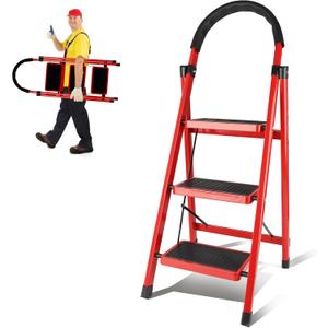 3 Step Ladder Folding, Step Stools for Adults with Wide Anti-Slip Pedals, Curved Cushioned Handrail and Safe-Lock Design, Heavy Duty Portable Multi-Purpose Ladders for Home, Kitchen, Household
