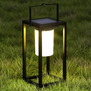 Outdoor Solar Lantern Table Lamp, Black Metal Portable Rechargeable Solar Lamp Waterproof Outdoor Lamps Decorative Large Outdoor Lanterns for Porch Patio Camping Walking Reading