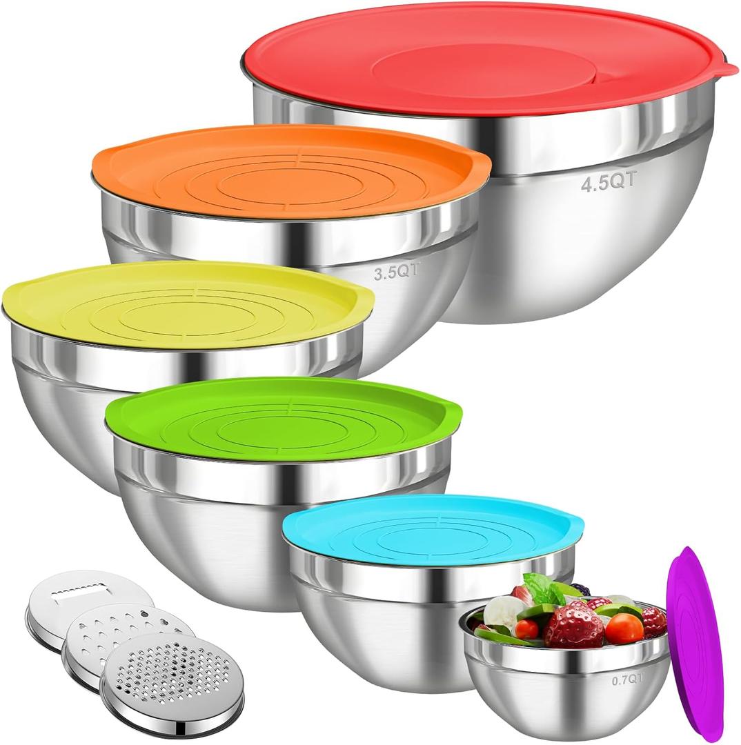 Mixing Bowls with Lids Set, 6 PCS Stainless Steel Mixing Bowls with 3 Grater Attachments, Kitchen Food Organizers Nesting Mixing Bowl, Large Size 4.5, 3.5, 2.1, 1.5, 1.1, 0.7QT-Colorful (Multicolor)