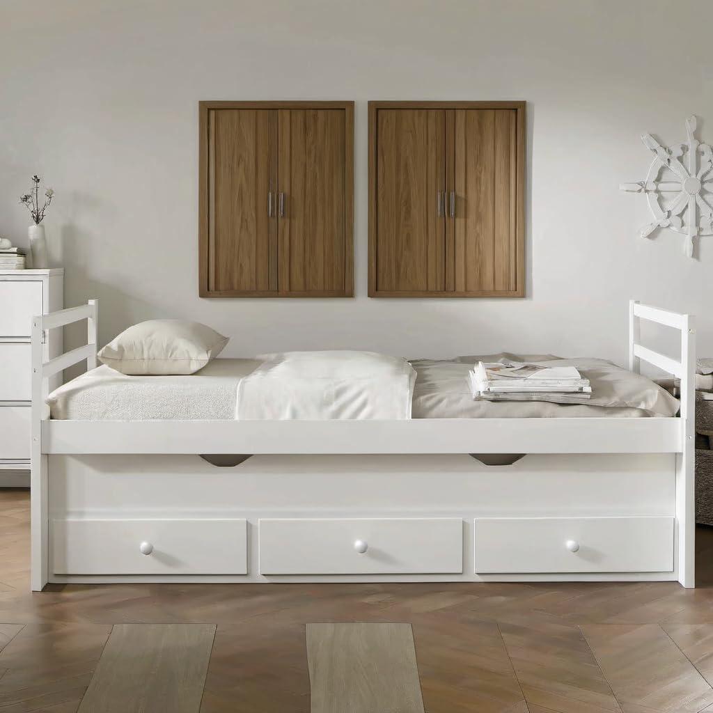 PVWIIK Twin Size Bed with Trundle & 3 Storage Drawers for Teens,Adults,Home Furniture Wood w/Headboard,Space Saving Design, White