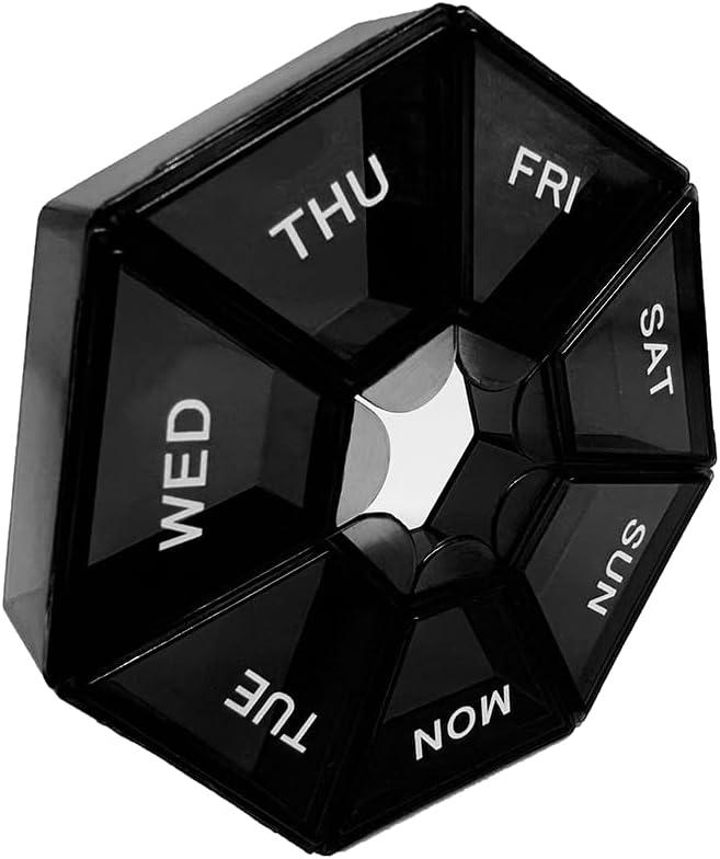 Black Daily Pill Case 7 Day Travel Pill Organizer with 1 Time a Day Compartments