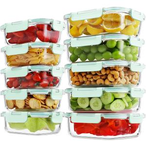 10 Pack Borosilicate Glass Meal Prep Containers with Locking Lids, Glass Food Storage Containers Set, Airtight Lunch Bento Boxes, BPA-Free & Leak Proof, 36oz & 14oz, Freezer, Oven Safe-Blue