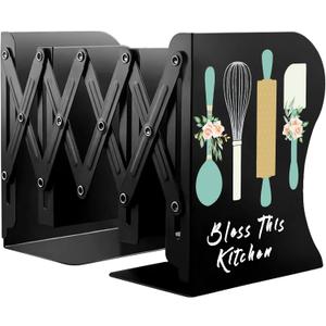 Cookbook bookends, Kitchen bookends, Adjustable Metal Book Ends for Shelves Decorative Unique Design for Heavy Books,Non-Skid Book Holder for Kitchen Housewarming Cooking Lover Gifts (Black 2)