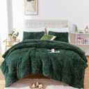 Smoofy Fluffy Queen Comforter Set, Faux Fur Comforter Set Queen Size, Luxury Fuzzy Bedding Set, Soft Shaggy Bed Set for All Season, 3 Pieces - 1 Comforter & 2 Pillowcases, Dark Green