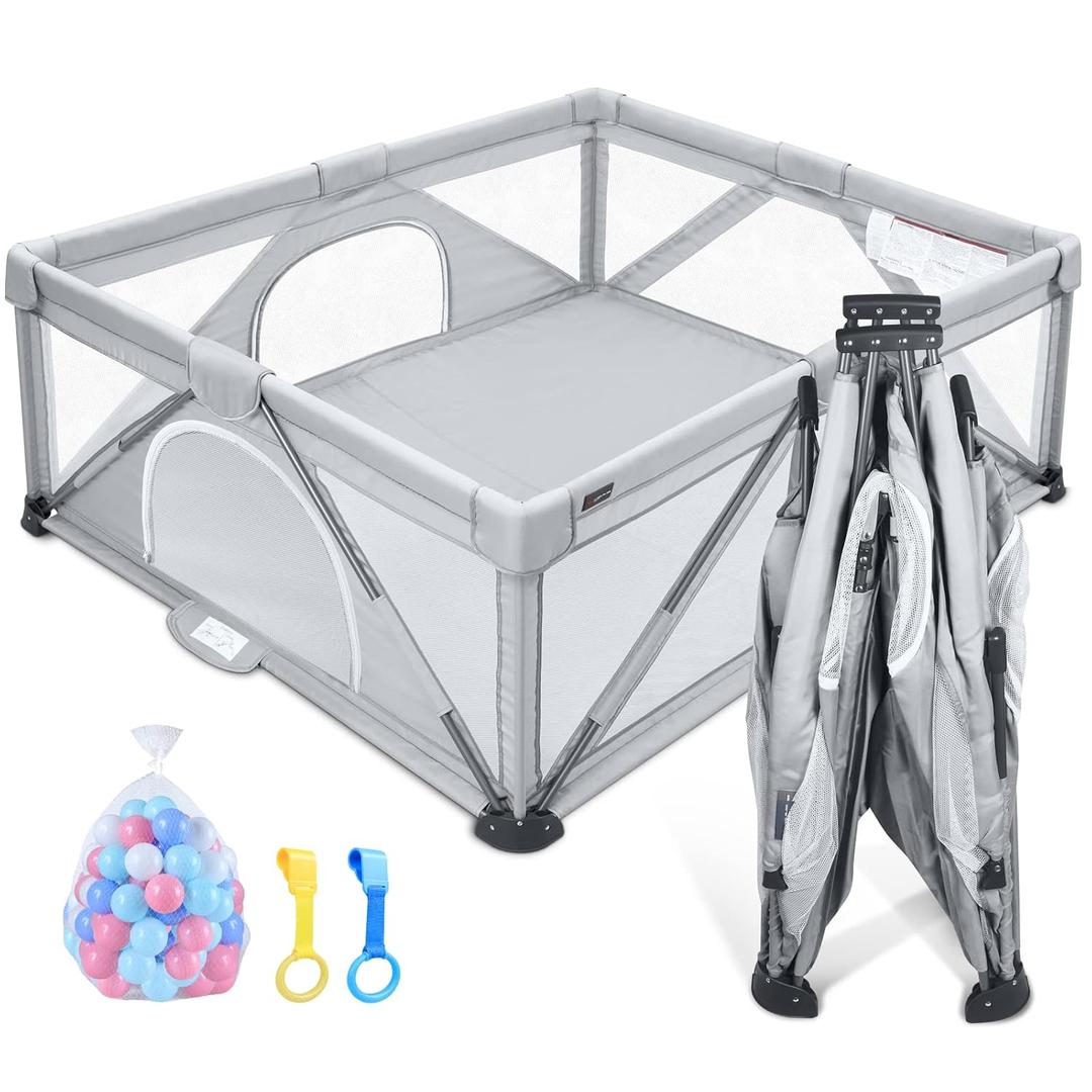 ANGELBLISS Baby Playpen, Foldable Playpen for Babies and Toddlers, Indoor & Outdoor Baby Activity Center with Visible Breathable Mesh, Portable Play Yard with 2 Handlers+50 Balls (71*79in, Grey)