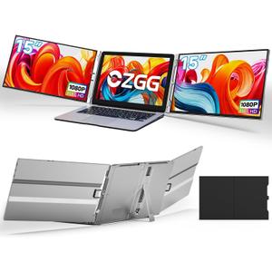 15'' Portable Laptop Screen Extender - Triple Monitor Setup, Dual 1080P FHD Displays, Aluminum Travel Monitor Multi Screen Attachment for 13.3-16.5'' Laptop with USB-C HDMI