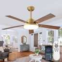 Gold Ceiling Fans with Lights and Remote, 52" Black Gold Smart Ceiling Fan with APP Control for Bedroom Living Room Patio, Dimmable LED Chandelier Outdoor Ceiling Fans with 6-Speed Reversible DC Motor