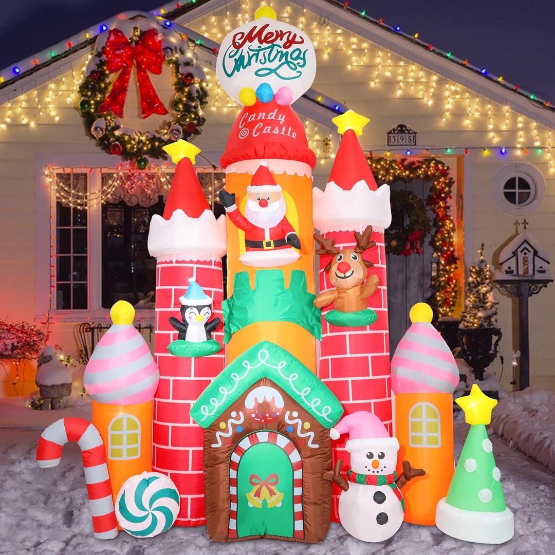 MUMTOP 10FT Christmas Inflatables Outdoor Decoration, Candy Castle Christmas Inflatable with Santa,Snowman,Elk,Penguin and Built-in Led Lights Blow Up Inflatable for Outdoor Party Garden Decoration