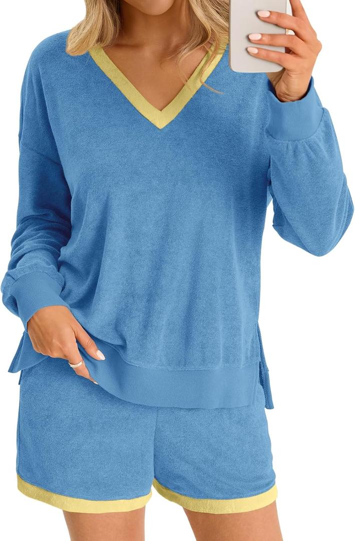Tankaneo Womens V Neck 2 Piece Pajama Short Sets Color Block Loose Fit Long Sleeve Shirt and High Waisted Shorts Lounge Sets (Small, Blue)