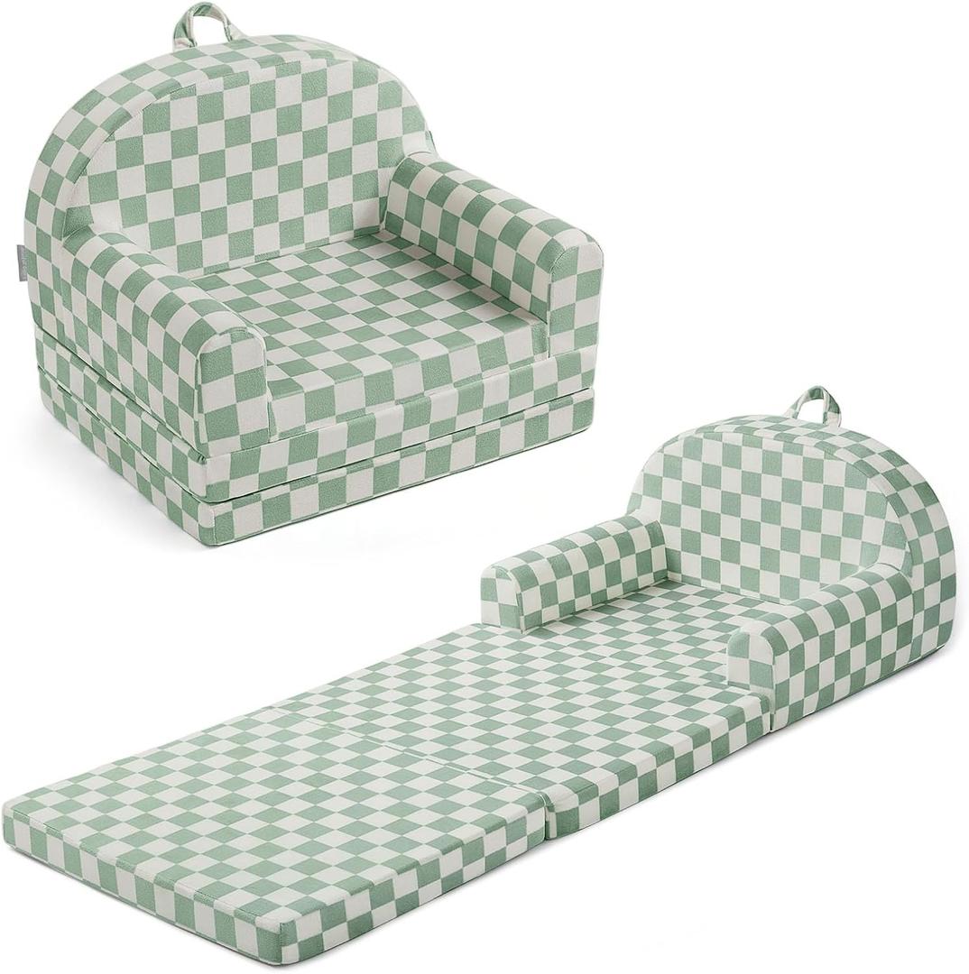 Blissful Diary Foldable Toddler Couch, 2-in-1 Comfy Toddler Chair & Lounger for Reading, Playroom, Kids Couch Sofa for Girls Boys Birthday Gift, Sage Checkered