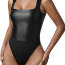 WDIRARA Women's PU Leather Bodysuit Tank Tops Square Neck Sleeveless Slim Fit Leotard Top (Black, S)