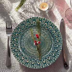 12 Pcs 13 Inch Teal Gold Charger Plates Bulk Embossed Peacock Design Plastic Serving Plates Round Decorative Serving Plate for Table Setting, Wedding, Dinner, Party, about 13 inches