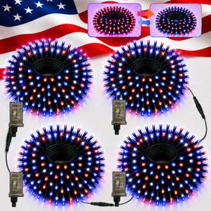 4Pack 400LED Red White and Blue Lights, Total 152ft Connectable 4th of July Patriotic Lights 11 Modes Timer 2 Festival Colors Twinkle String Light for Memorial Day Halloween(RWB & Purple Orange)