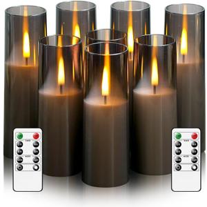 8 Packs Flameless Candles, Battery Operated with Remote, Arcylic LED Flickering Candles, Realistic Dancing Flame Pillar Candles for Home, Wedding, Christmas Party D2.2 (Grey)