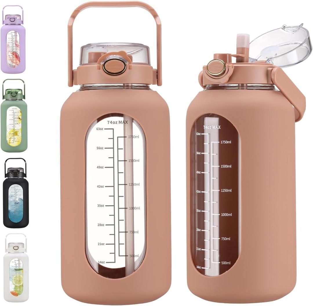 74 oz Glass Water Bolttles with Straw Large Motivational Water Bottle with Time Marker Sports Water Bottles with Silicone Sleeve and Handle Lid 2.2L Water Jug for Gym Workout (Amber)