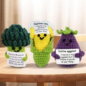 Funny Positive Crochet Potato Emotional Support Gifts for Women Men, Knitted Cute Dolls for Friends, Colleagues, Relatives, Children, Parties, Birthdays Desk Home Decor (Corn + Broccoli + Eggplant)