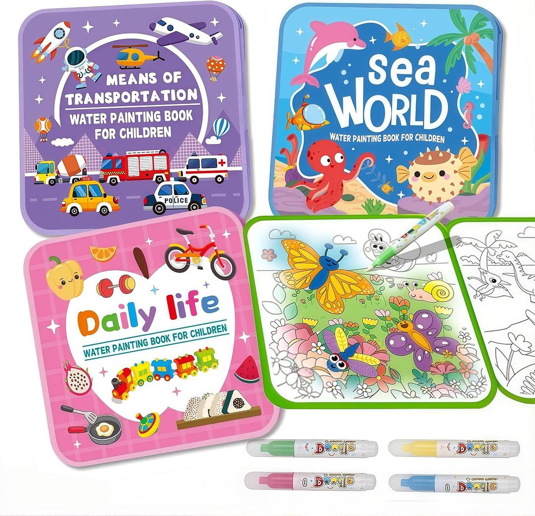 Water Painting Book for Kids - 4 Pack Magic Water Coloring Book with Water Pen Themes - Mess Free Water Art Book for Toddlers,No Mess Paint Coloring & Reusable Fun for Ages 3+ Travel Activity Toys, Medium to Large