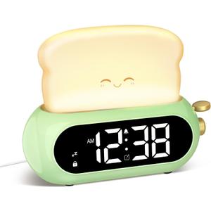 Kids Alarm Clocks for Bedroom, Cute Digital Clock with Night Light, 10 Ringtones, 10 Volumes, Nap Timer, Brightness Dimmer, Snooze, Bedside Alarm Clocks for Boys Girls Teens Birthday Gift, Plug-in Use (Green)