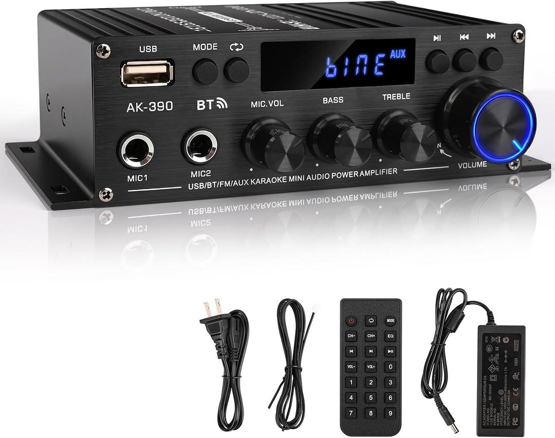 Romicta Stereo Audio Amplifier, 2.0 CH Mini Home Audio Bluetooth 5.0 Stereo Receivers with 400W, FM, AUX, USB, Microphone Input, 12V 5A Power Supply, Power Amplifier for Car Home Bar Party