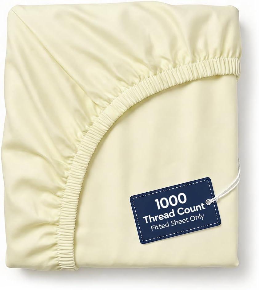 100% Egyptian Cotton Fitted Sheet Only - 1000 Thread Count Cotton Fitted Sheet, Soft, Durable, Cooling 16" Deep Pocket Sateen Weave Bottom, Luxury Hotel Quality (Ivory, King)