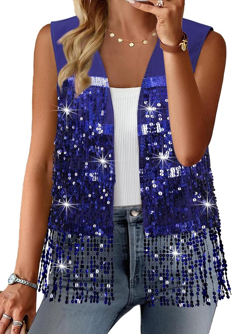ZXZY Womens Sequin Fringe Sleeveless Vest Sparkly Lightweight Fitted Jacket Cardigan (Blue, L)