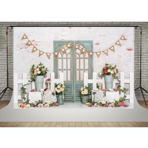 Kate 7x5ft Microfiber Spring Pink Flowers Photography Backdrop Garden White Wood Fence Blue Door Happy Birthday Party Photobooth Backgrounds Video for Photographer