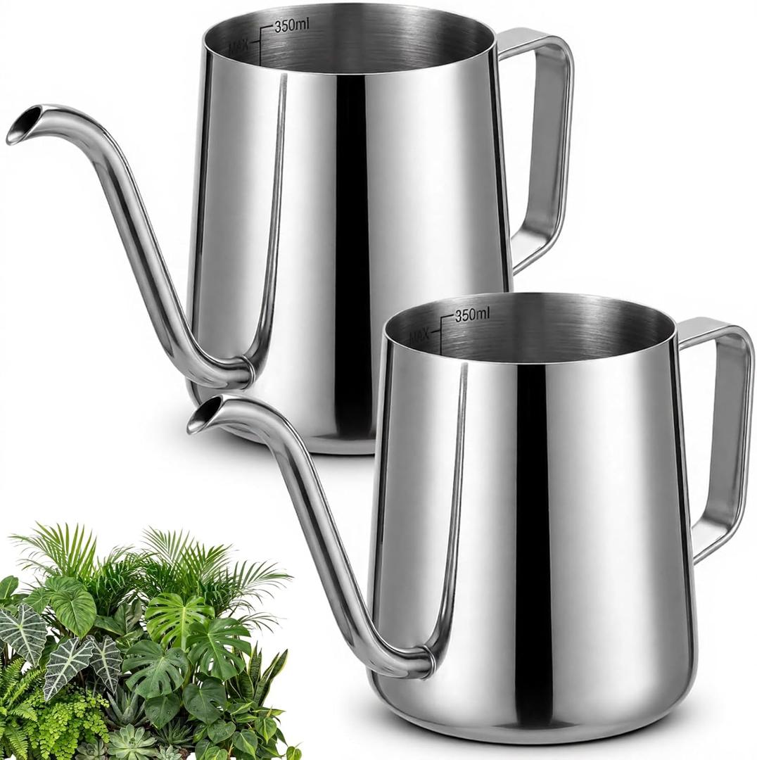 2 Pcs Small Watering Can for Indoor Plants, 12 Oz/350 ml Mini Plant Watering Pot with Long Spout and Scale 304 Stainless Steel Tiny Watering-can for Outdoor Indoor Plants Garden(Sliver)