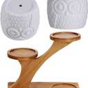 3pcs Owl Succulent Pots with 3 Tier Bamboo Saucers Stand Holder - White Modern Decorative Ceramic Flower Planter with Drainage - Home Office Desk Garden Mini Cactus Plant Pot Indoor Decoration