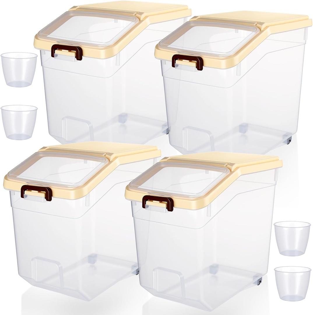 Sunnyray 4 Pcs Flour Storage Containers Rice Bin with Wheels, Beige, 38 lb