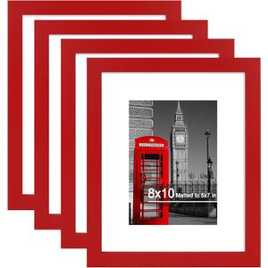Hongkee 8x10 Picture Frame (4 Pack, Red) Made of Real Glass and Wooden Frame - Display Pictures 5x7 with Mat or 8x10 Without Mat, 8 by 10 Photo Frames TableTop Display and Wall Mounting
