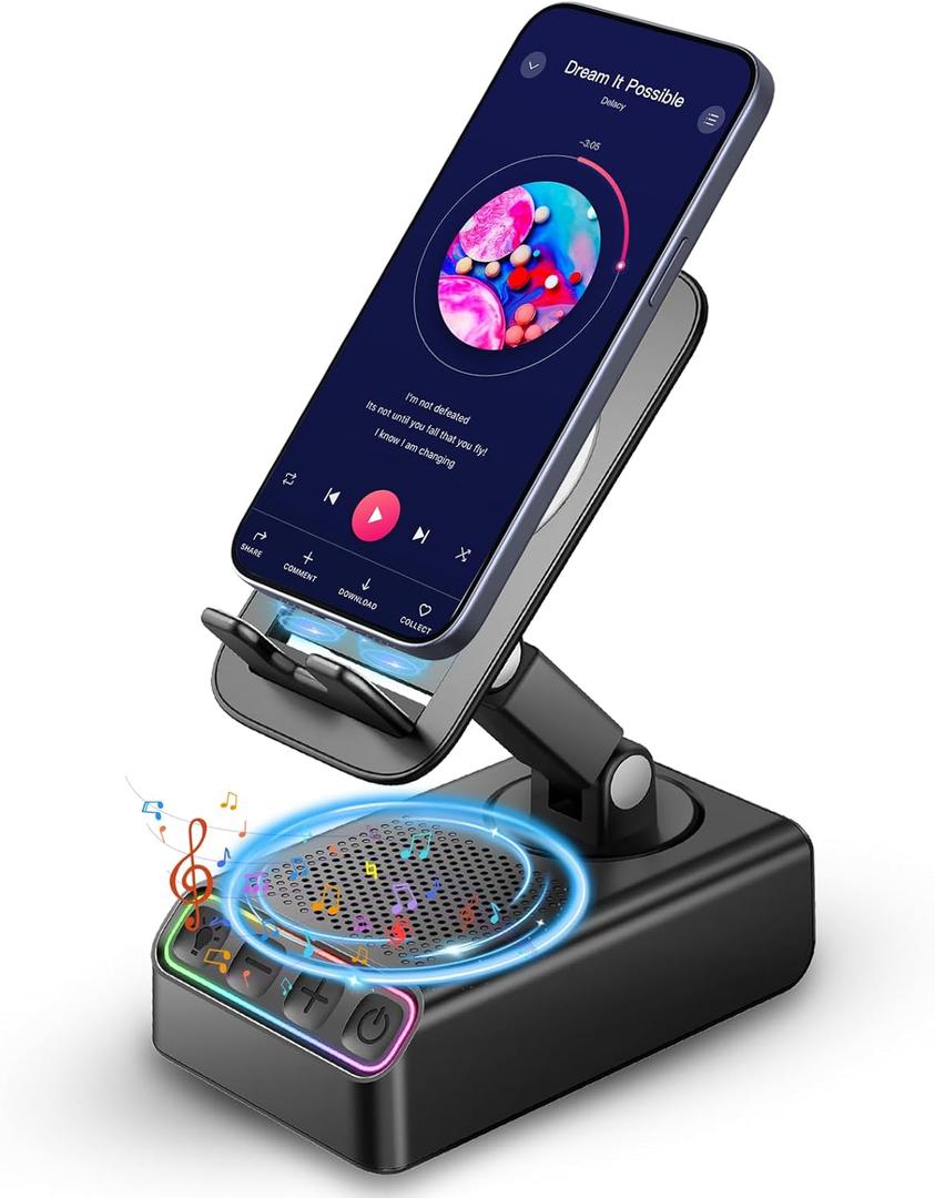 Adjustable Cell Phone Stand with Wireless Induction Bluetooth Speaker, HD Surround Sound for Home and Outdoors, Compatible with iPhone/iPad/Samsung Galaxy, Popular Gifts for Men Women Dad Mom