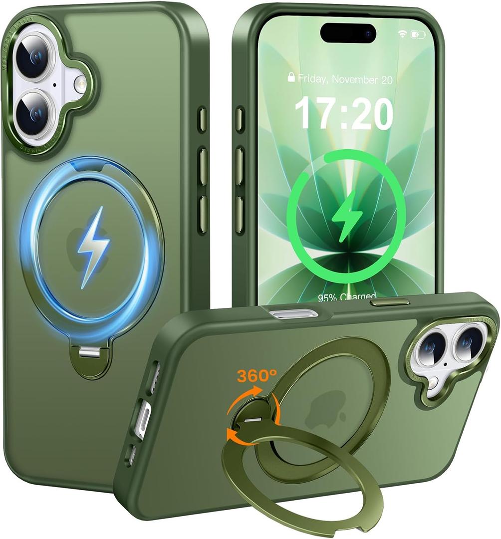 360 Spin Magnetic Stander for iPhone 17 Case [Compatible with Magnetic] [Built-in Kickstand] Mil-Grade Protective, Matte Non-Slip for iPhone 17 Phone Case(Green)