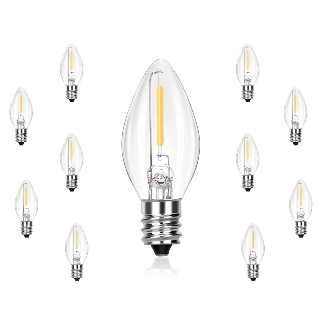 C7 LED Replacement Christmas Light Bulbs, 10 Pack Clear Shatterproof Halloween Bulbs for Outdoor String Lights, Xmas Tree Patio Porch Holiday Party Decor, E12 Candelabra Base, Warm White, Pack Of 2