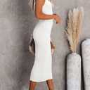Lacozy Womens Bodycon Midi Dress Sexy V-Neck Sleeveless Ribbed Sweater Dress Casual Tank Knit Dresses White S