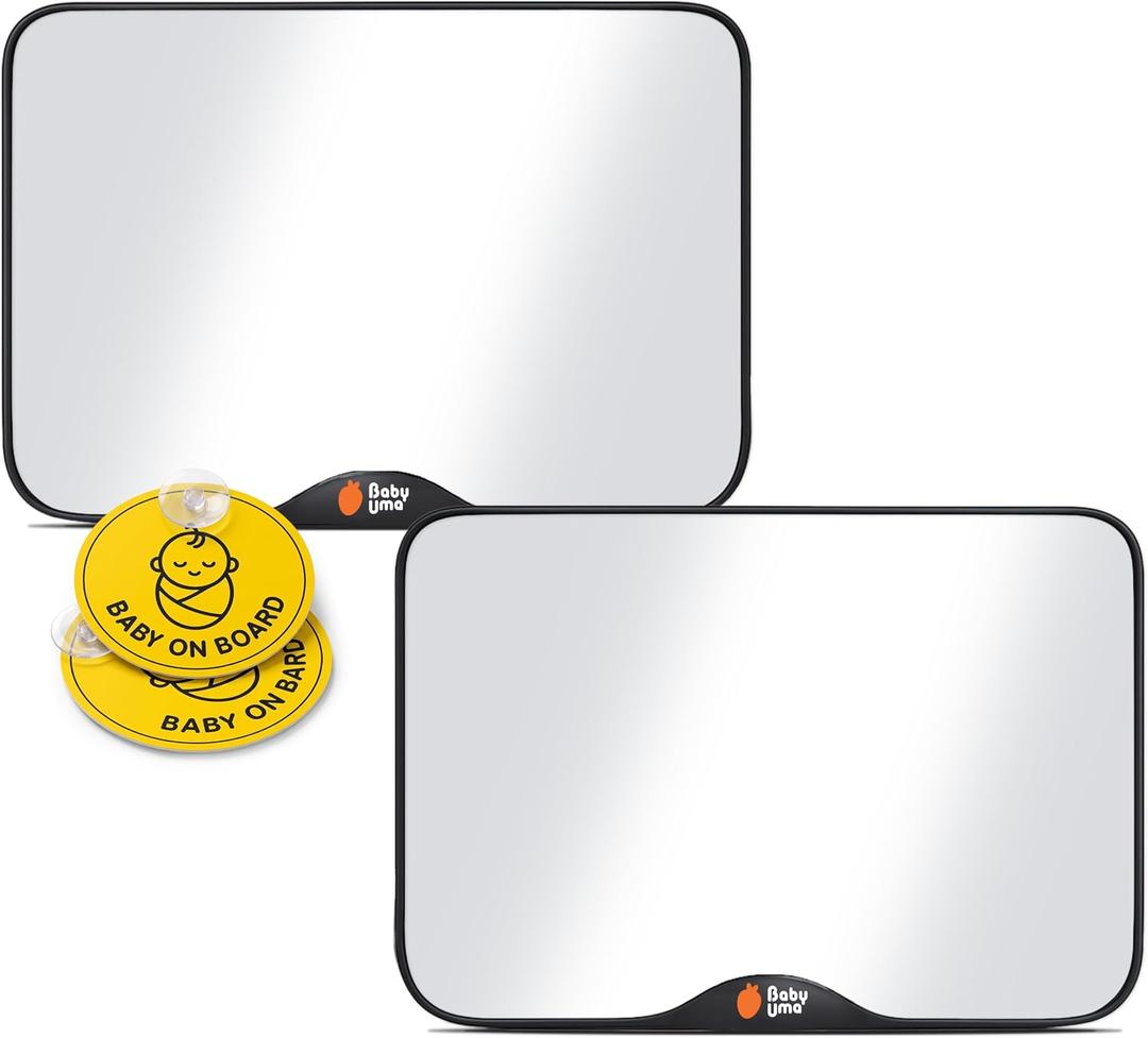 Baby Uma Baby Car Mirror (2 Pack) + Baby On Board Signs for Car - Clear-View Shatterproof Mirror, Easy On 'n Off with Stay-Put Buckles, Newborn Essentials (9.4 x 6.4 in)