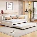 Upholstered Full Size Daybed with Trundle for Bedroom Guest Room Living Room,Solid Wood Bed Frame w/Twin Trundle, No Box Spring Needed,(Beige)