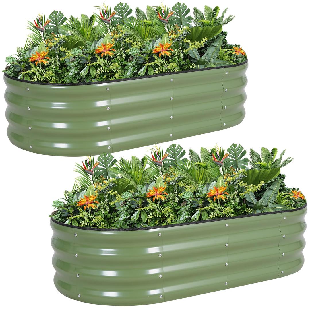 G GOOD GAIN Galvanized Metal Raised Garden Bed Kit - 4x2x1FT Outdoor Planter Box with Safety Edging and Gloves for Vegetables, Fruits, Flowers(OliveGreen, 2PC)
