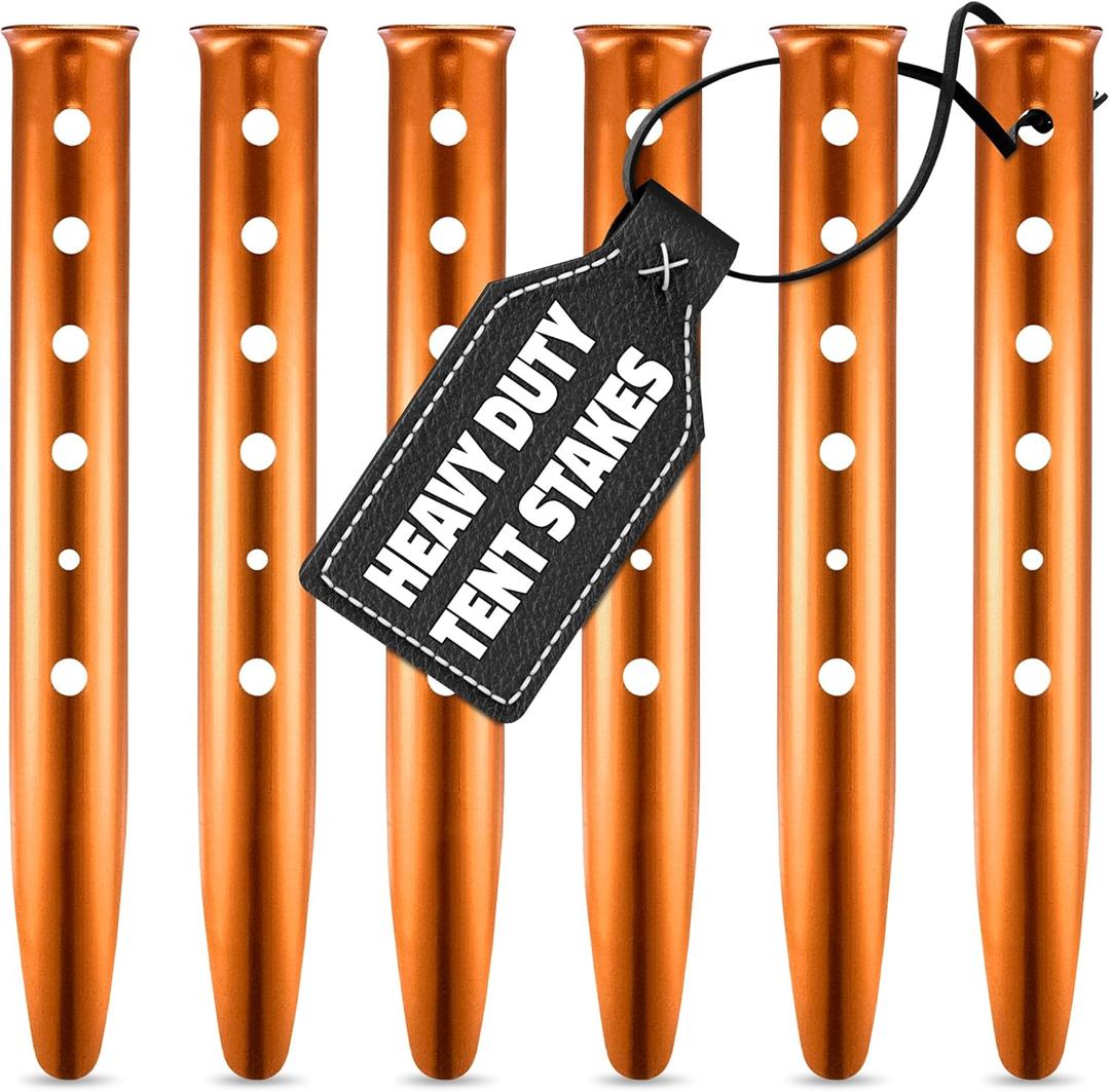 Aluminum Tent Stakes 6-Pack - 12.6 in Sand Stakes for Tents, U-Shaped High-Visibility Orange Tent Stake Set, Rust-Resistant Stakes for Tent Camping, Canopies on Soft Ground, Sand, Beach & Summer Trips