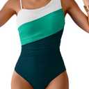 Aidonger One Shoulder One Piece Swimsuit for Women Tummy Control Bathing Suits Color Block Ruched Swim Suit Slimming Swimwear L