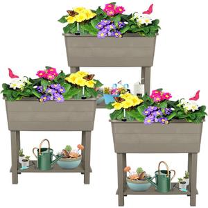 3 Pcs Self Watering Elevated Raised Garden Bed, Large Outdoor Plastic Planter Box Big Flower Plant Pot for Planting Flowers Vegetables and Herbs (3, Khaki)