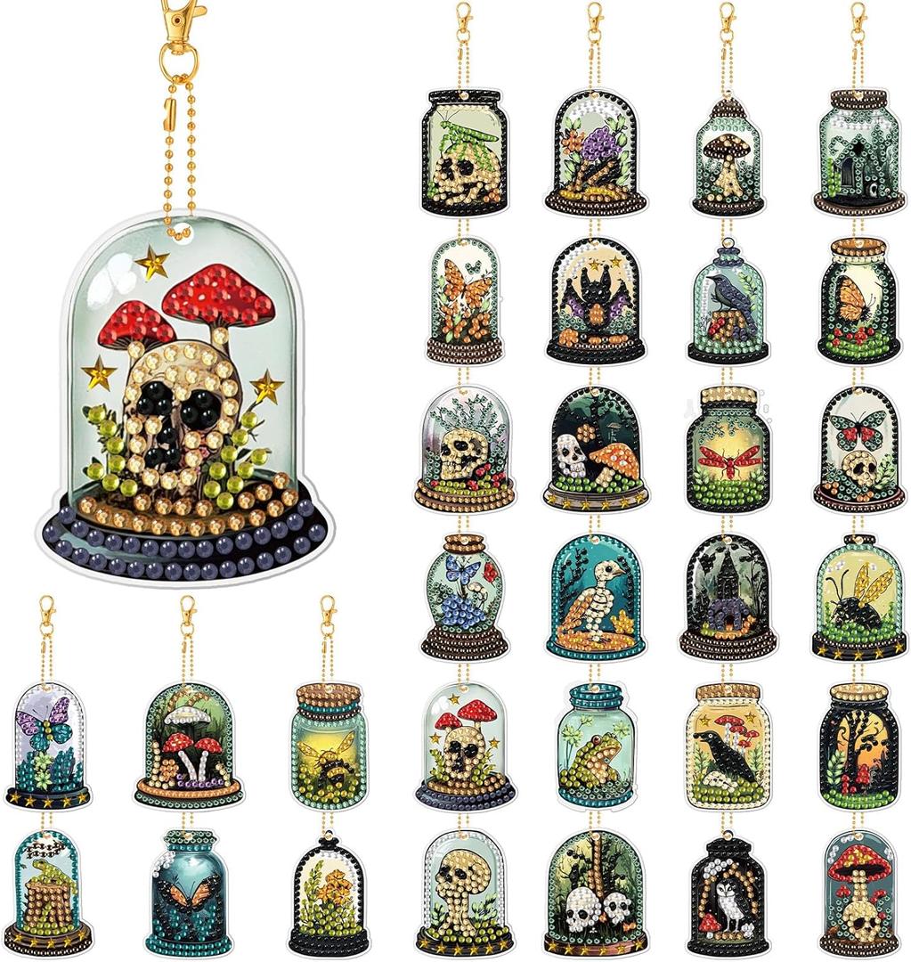 WILLBOND 30 Pcs Gothic Diamond Art Pack Keychains 5d DIY Skull Potion Bottle Kits Painting Horror Diamond Art Keychains for Home Beginners Craft Decoration Gifts