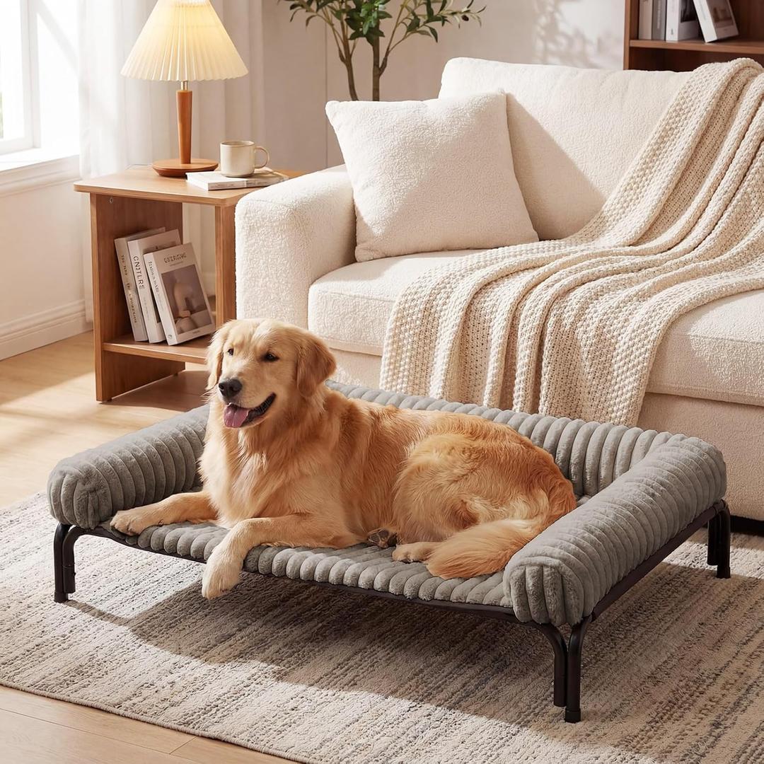 Elevated Dog Bed with Removable Bolster Cushion Mat, Raised Pet Cot for Large Sized Dogs with Breathable & Washable Mesh, Indoor & Outdoor Pet Hammock with Skid-Resistant Feet. (L(43.30"x31.90"x8.00"))