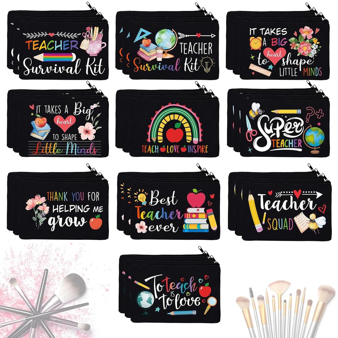 Irenare 30 Pcs Teacher Appreciation Gifts Teacher Survival Kit Canvas Makeup Bags Cosmetic Pouch Funny Toiletry Bag with Zipper Thank You Gift for Women Men Travel Birthday Holiday Bulk
