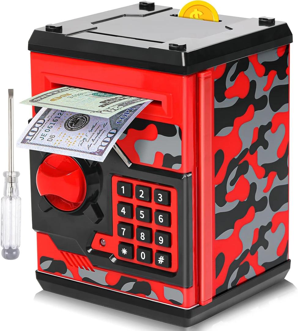 ATM Piggy Bank for Boys Girls, Vcertcpl Mini ATM Coin Bank Money Saving Box with Password, Kids Safe Money Jar for Adults with Auto Grab Bill Slot, Great Gift Toy Bank for Kids(Camouflage Red), Large