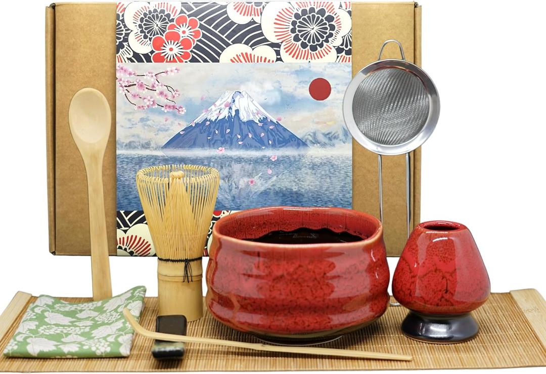 Annie & Mia Design Matcha Whisk Set (9pcs), Japanese Tea Matcha Set includes Ceramic Matcha Bowl, Bamboo Matcha Whisk (chasen), Ceramic Matcha Whisk holder, Bamboo Matcha Spoon (chashaku). Red color.