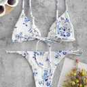 ZAFUL Women's Ditsy Floral Printed Swimsuit Underwired Knotted String Triangle Bikini High Cut Cheeky Bikini Set (S)