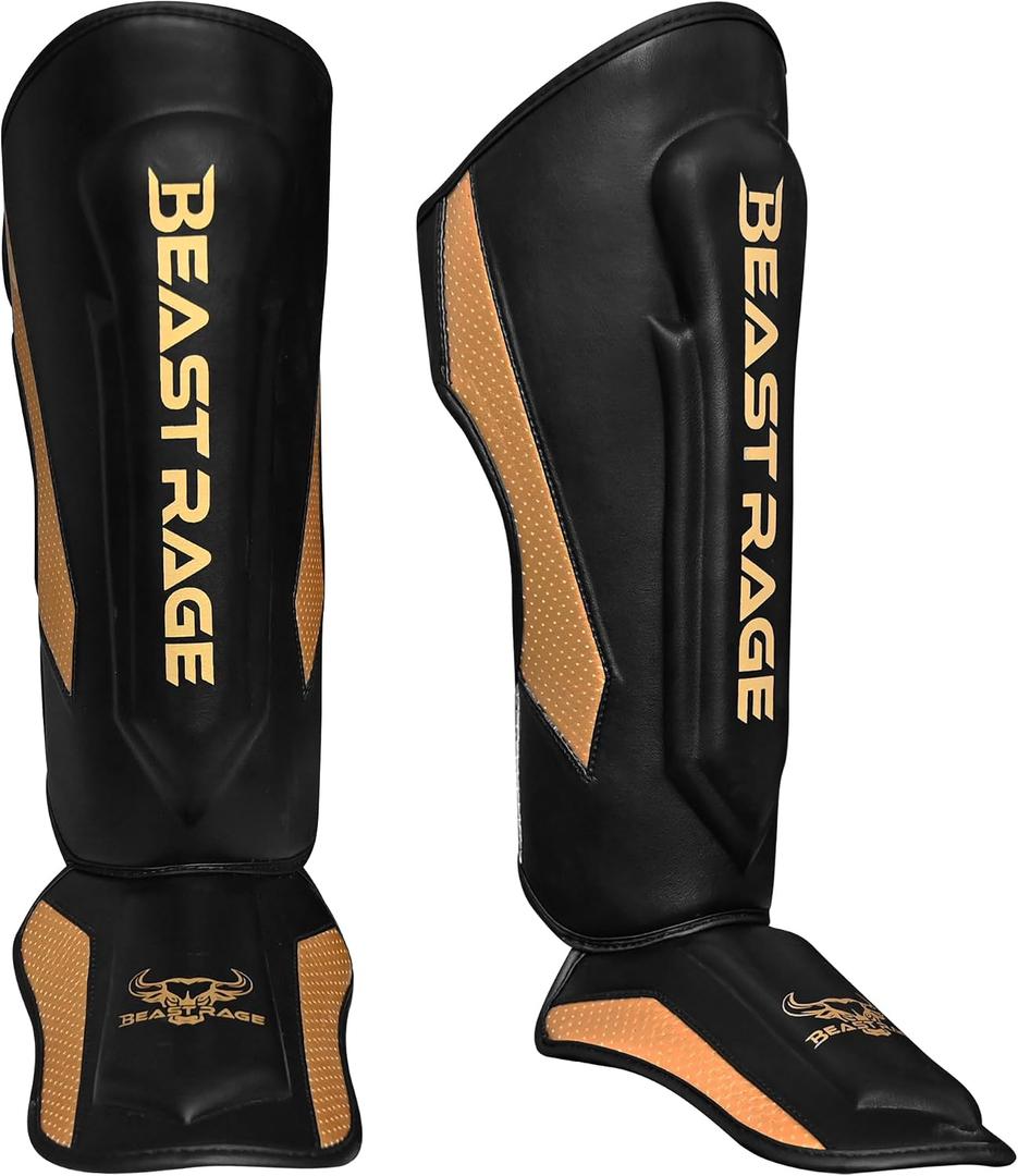 BEAST RAGE MMA Martial Arts Shin Guards for Kickboxing Adjustable Muay Thai, Padded Martial Arts Shin Pads Leg Guard with Instep Sleeves MMA Training BJJ Karate Boxing Taekwondo (Golden, XL)